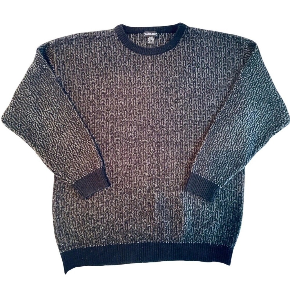 Jantzen Sweater Mens XL Black Gray Geometric Textured Knit Acrylic Crewneck 90s
